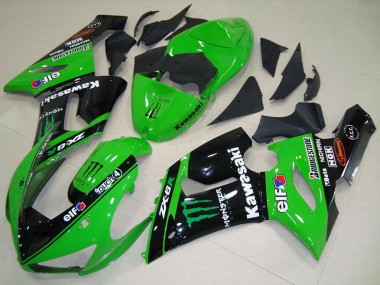 Wholesale 2005-2006 Kawasaki ZX6R Motorcycle Fairings - Green Glossy Black Elf Monster