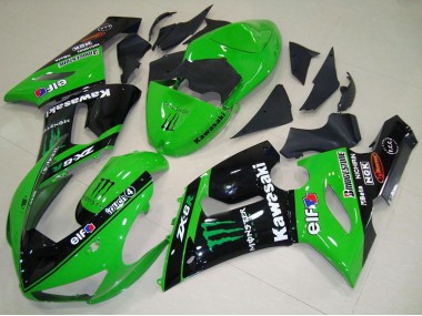 Wholesale 2005-2006 Kawasaki ZX6R Motorcycle Fairings - Green Glossy Black Elf Monster