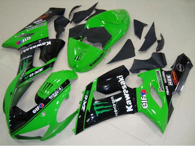2005-2006 Kawasaki ZX6R Motorcycle Fairings - Green Glossy Black Elf Monster