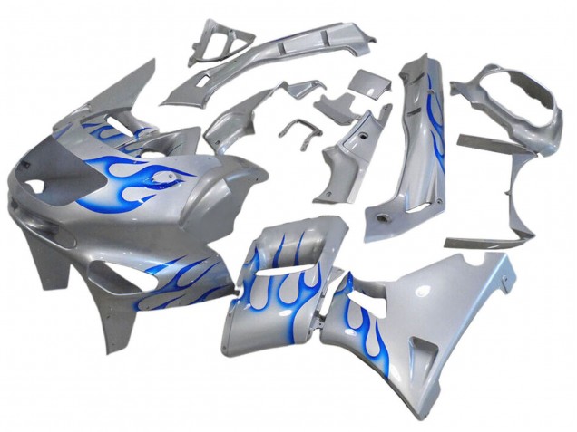 1998-2003 Kawasaki ZZR600 Motorcycle Fairings - White Blue Flame