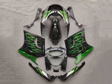 Wholesale 1993-2003 Kawasaki ZZR1100 Motorcycle Fairings - Glossy Black Green Flame
