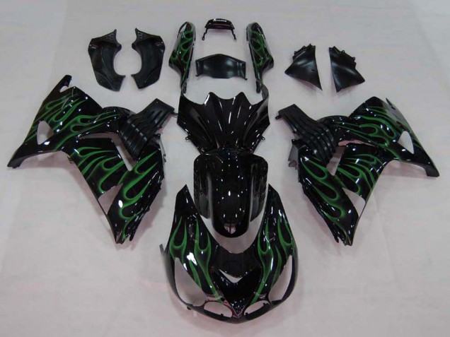 2006-2011 Kawasaki ZX14R ZZR1400 Motorcycle Fairing - Glossy Black Green Flame