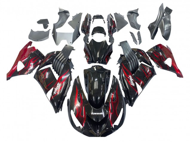 2006-2011 Kawasaki ZX14R ZZR1400 Motorcycle Fairing Kits - Glossy Black Red Flame