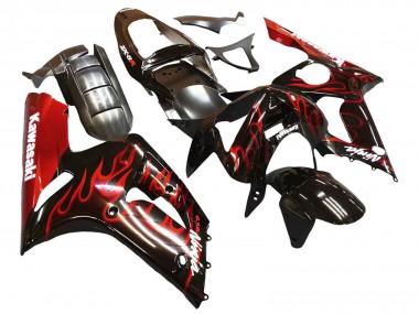 Wholesale 2003-2004 Kawasaki ZX6R Motorcycle Fairings - Glossy Black Red Flame