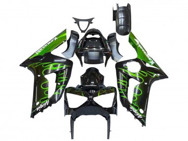 Wholesale 2003-2004 Kawasaki ZX6R Motorcycle Fairings - Glossy Black Green Flame