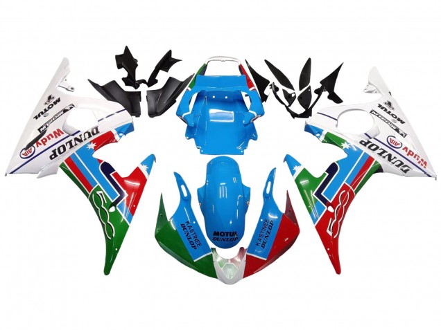 2003-2004 Yamaha YZF R6 Motorcycle Fairings - White Blue Green Red Kastinee Dunlop Motul