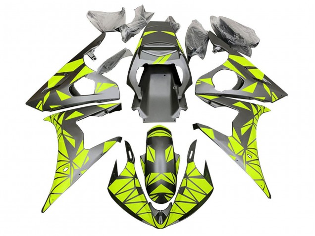 2003-2004 Yamaha YZF R6 Motorcycle Fairings - Neon Green Matte Black Geometric