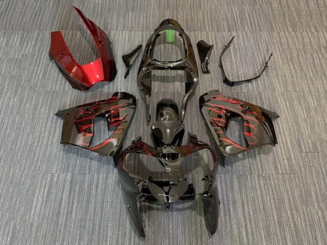 2002-2003 Kawasaki ZX9R Motorcycle Fairings - Glossy Black Red Flame