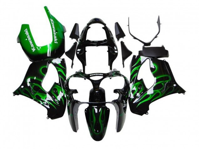 2002-2003 Kawasaki ZX9R Motorcycle Fairings - Black White with Green Flame