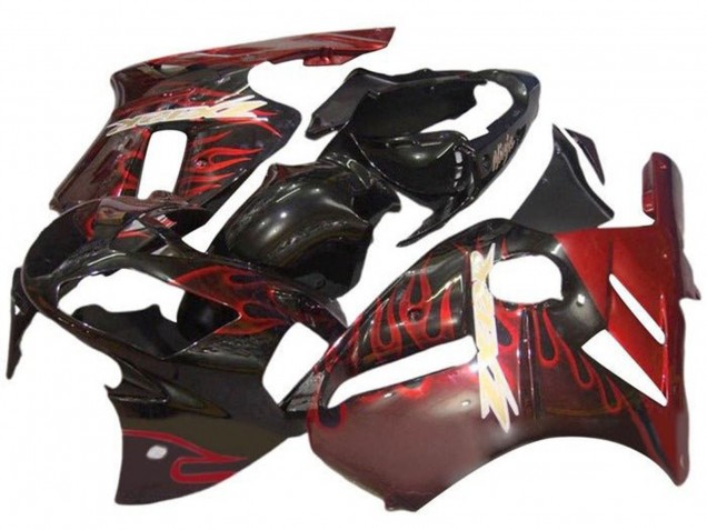 2000-2001 Kawasaki ZX12R Motorcycle Fairings - Glossy Black Red Flame