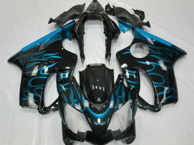 2001-2003 Honda CBR600 F4i Motorcycle Fairings - Glossy Black Light Blue Flame