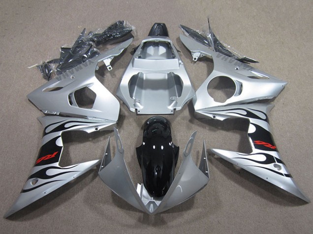 2003-2004 Yamaha YZF R6 Motorcycle Fairings - Silver Glossy Black Flame