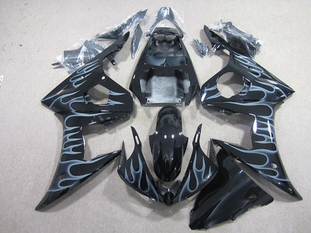 2003-2004 Yamaha YZF R6 Motorcycle Fairings - Glossy Black Silver Flame