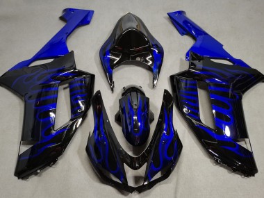 Gloss Black & Blue Flame 07-08 ZX6R Fairings