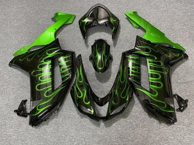 Gloss Black & Green Flame 07-08 ZX6R Fairings