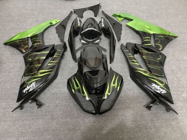 Gloss Black & Green Flame 09-12 ZX6R Fairings