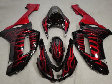 Gloss Black & Red Flame 07-08 ZX6R Fairings