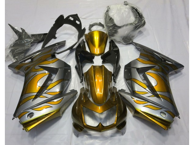 Gold and Silver Flame 08-12 Ninja 250 Fairings Gold and Silver Flame 08-12 Ninja 250 Fairings