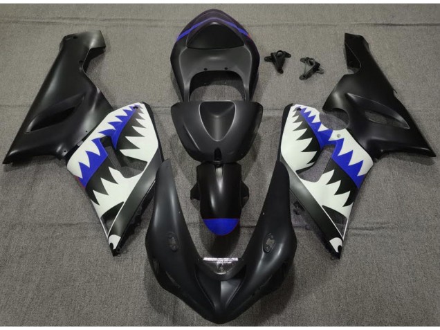 Matte Black and Blue Shark 05-06 ZX6R Fairings Matte Black and Blue Shark 05-06 ZX6R Fairings